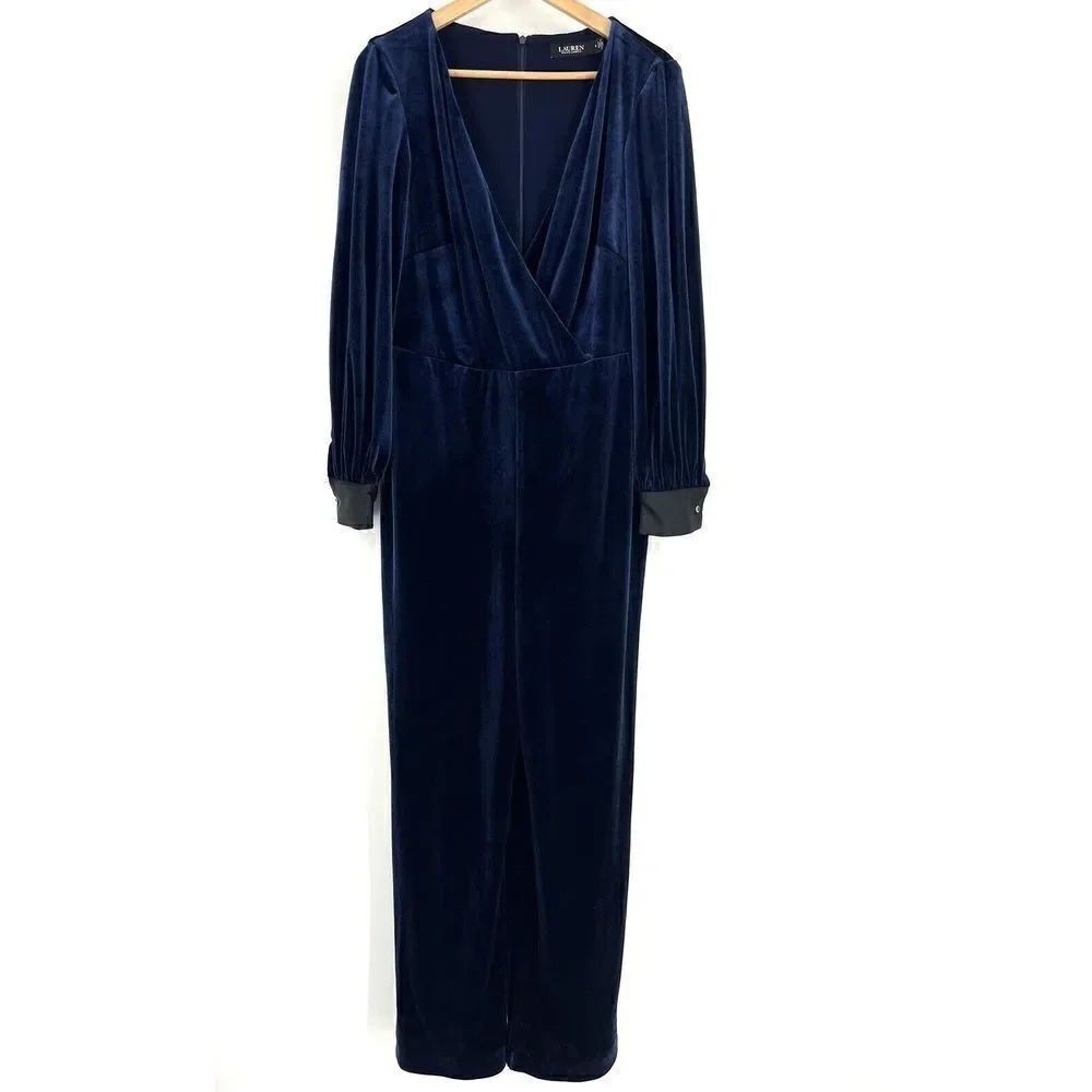 Lauren Ralph Lauren Jumpsuit Size 8 Womens Navy Velvet Surplice Evening Wrap